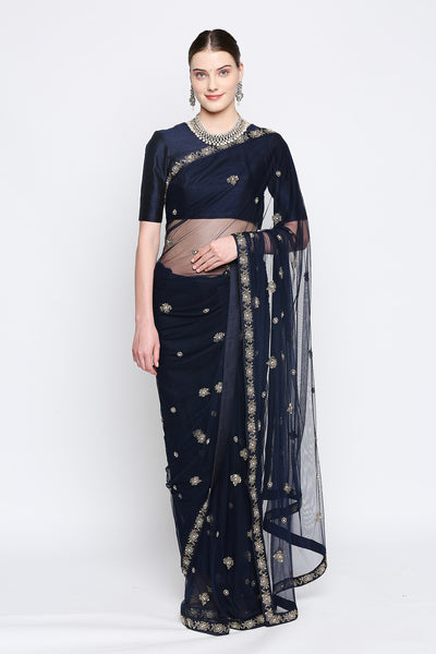Sara Navy Blue Net Embroidered Saree