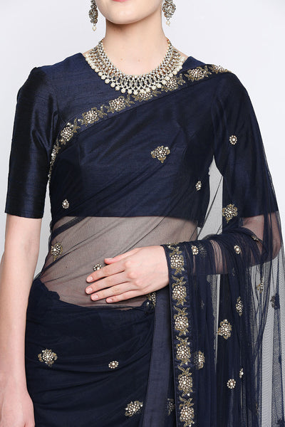 Sara Navy Blue Net Embroidered Saree