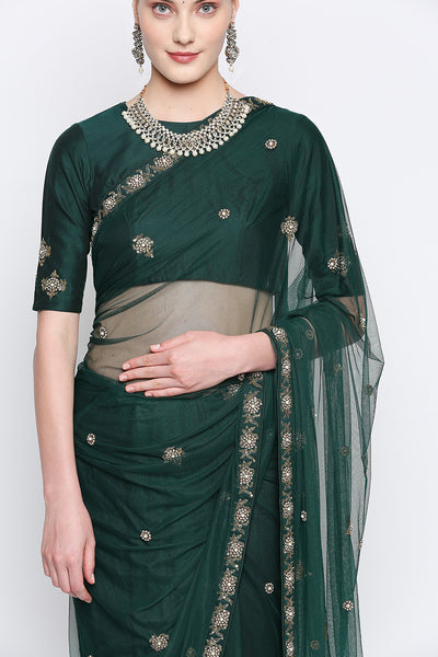 Anya Bottle Green Net Embroidered Saree