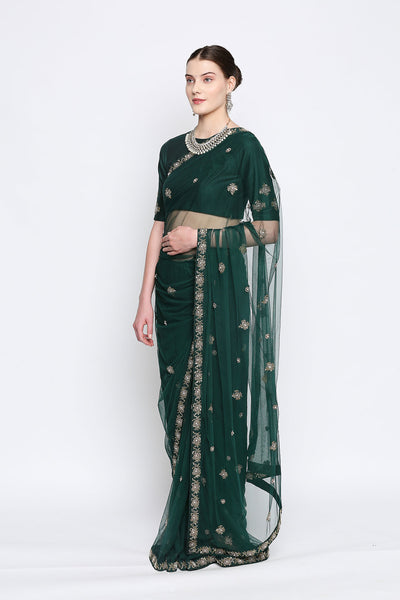 Anya Bottle Green Net Embroidered Saree