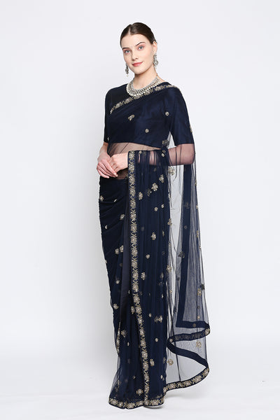 Sara Navy Blue Net Embroidered Saree