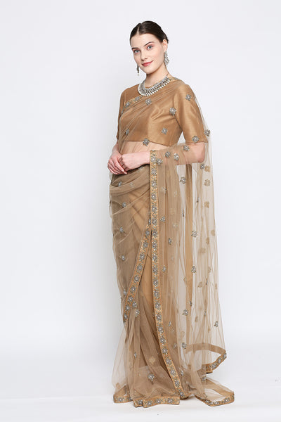 Eva Beige Net Embroidered Saree