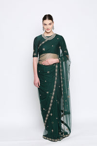 Anya Bottle Green Net Embroidered Saree